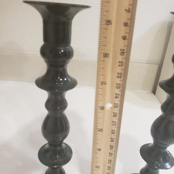 SET OF 2 DARK GREEN 9" METAL CANDLE STICK HOLDERS / MADE IN JAPAN - Picture 6 of 8